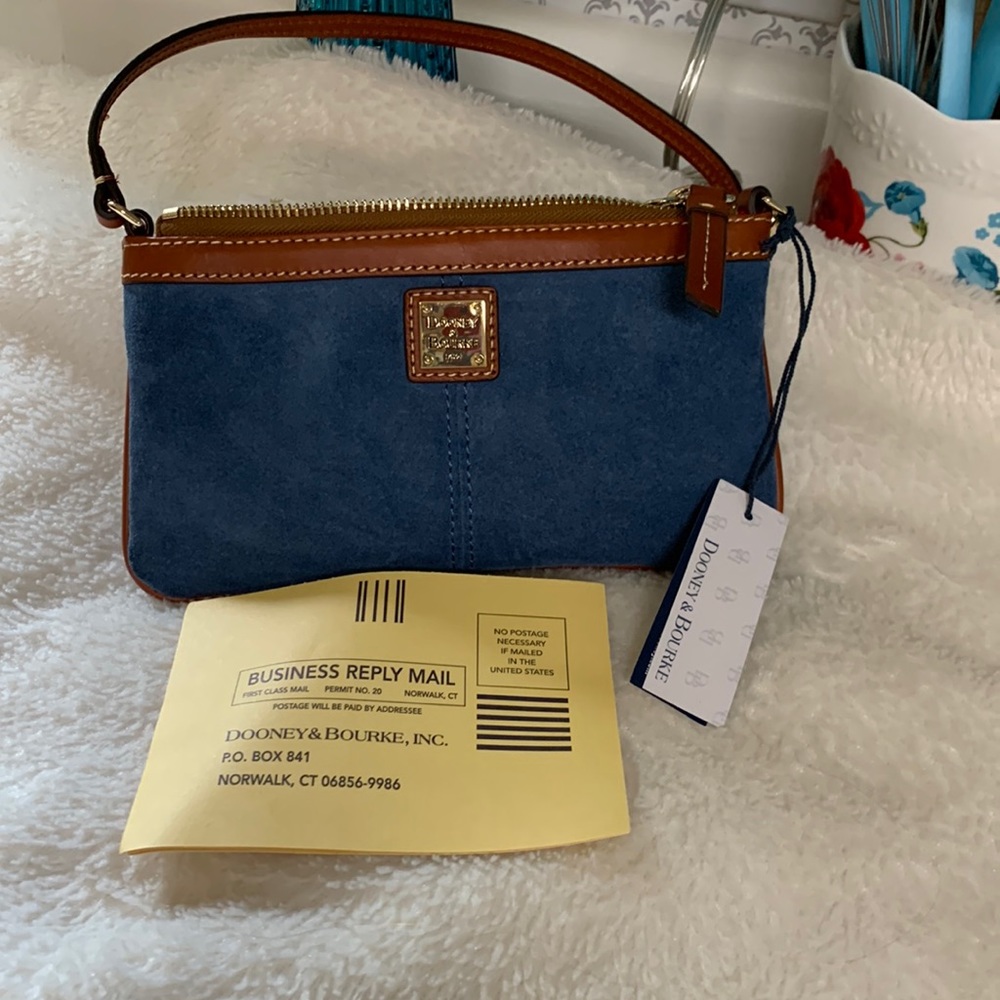 NWT Dooney and Bourke large suede wristlet in color Denim